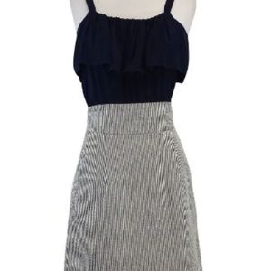 SUNNER   Dress- Navy Blue top striped linen skir